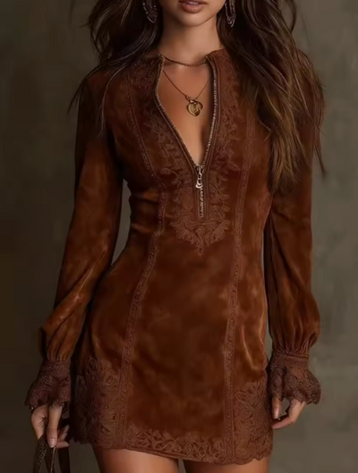 Delfine – Zamszowa Mini Sukienka z Koronką